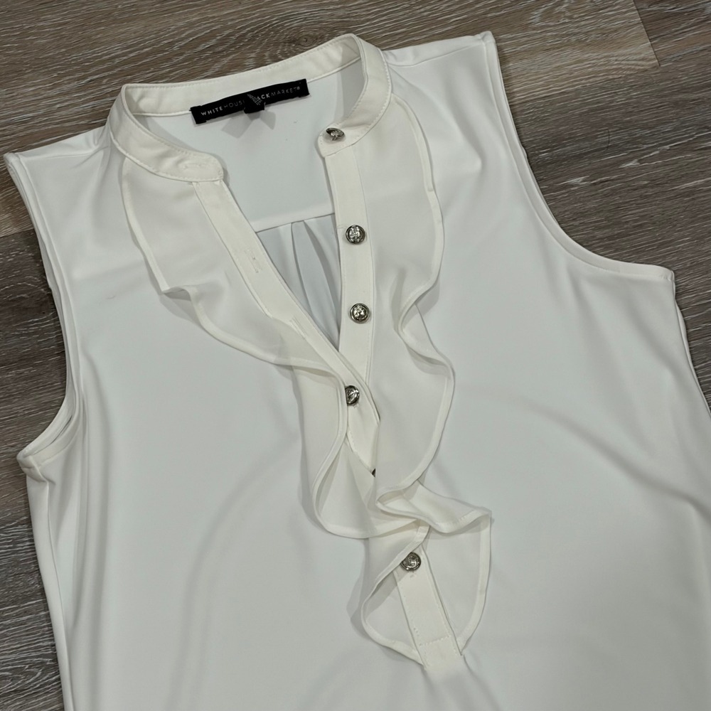 White House Black Market White Ruffle Button Sleeveless Blouse XXS